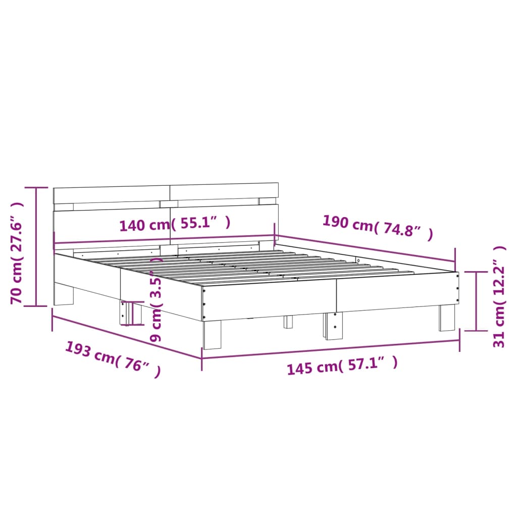 Okvir za krevet s uzglavljem i LED boja hrasta 140x190 cm