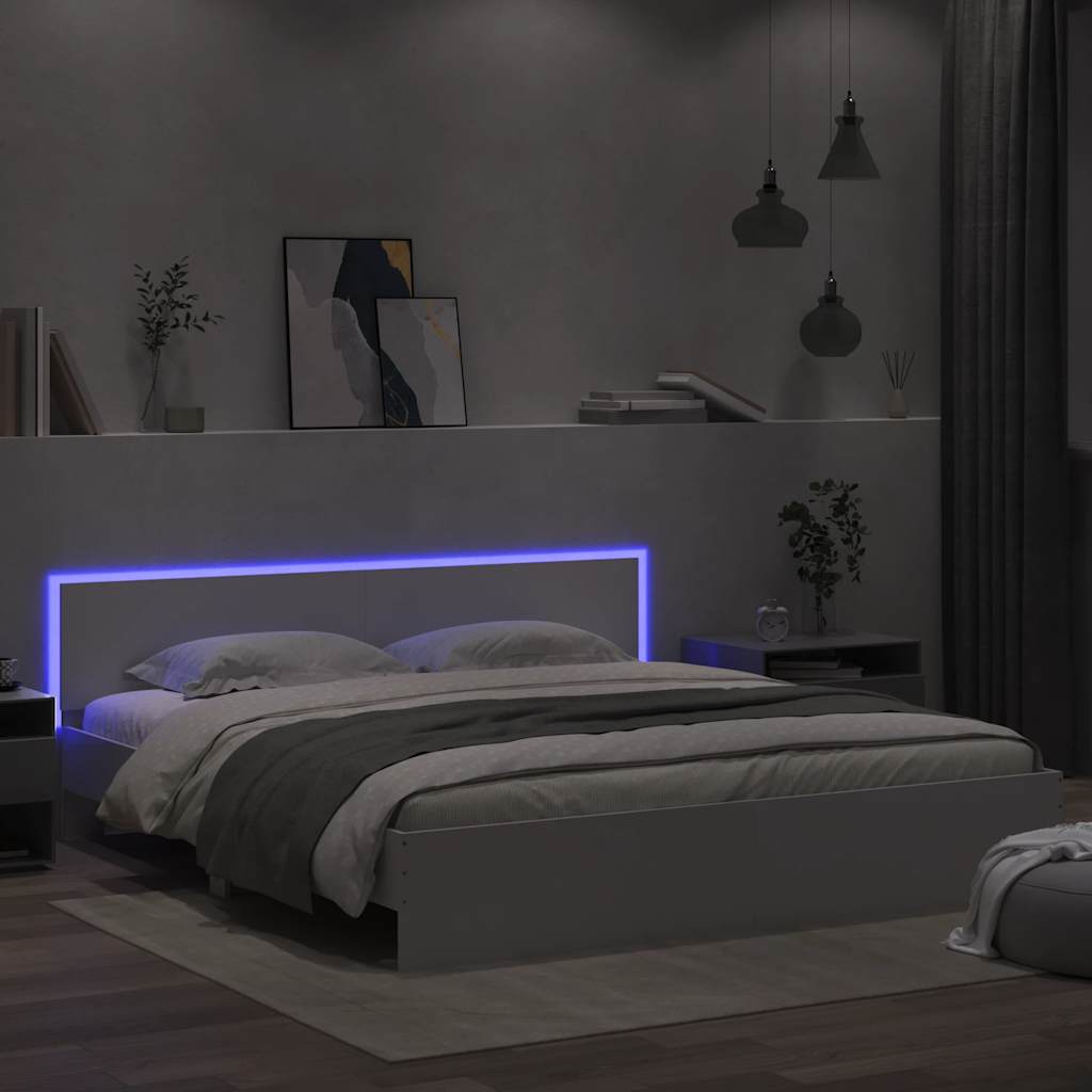 Okvir kreveta s uzglavljem i LED svjetlima bijeli 200 x 200 cm