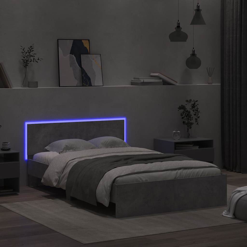 Okvir za krevet s uzglavljem i LED siva boja betona 140x200 cm