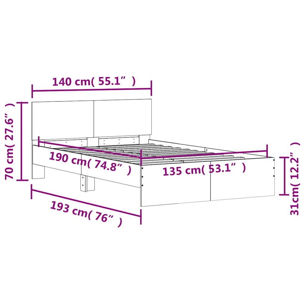 Okvir kreveta s uzglavljem i LED boja hrasta 135x190 cm
