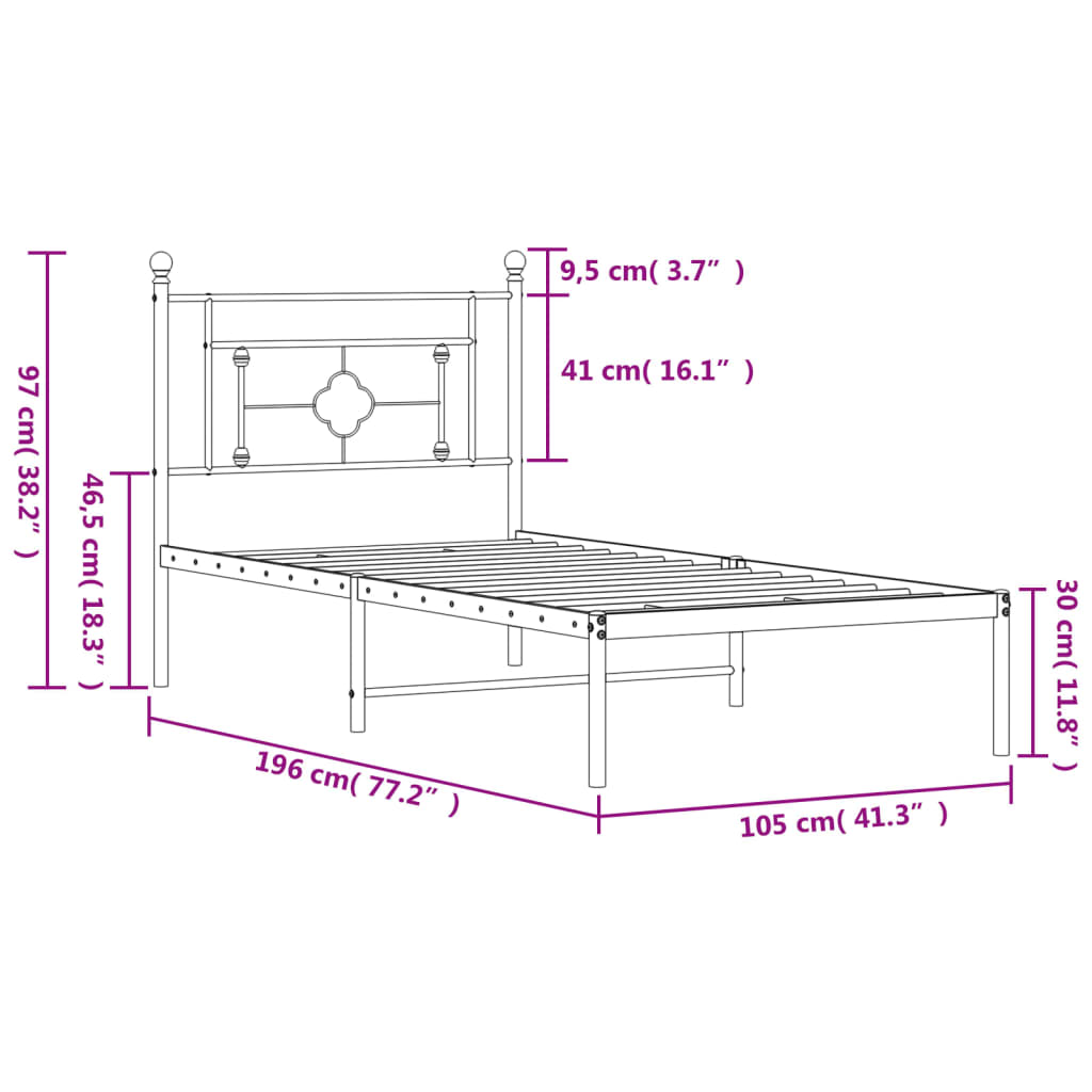 Metalni okvir za krevet s uzglavljem crni 100x190 cm