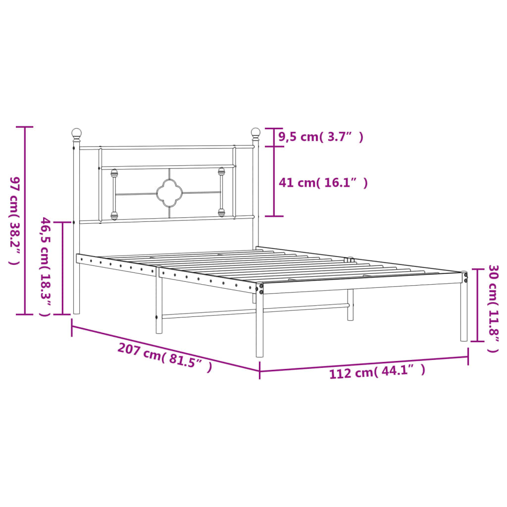 Metalni okvir za krevet s uzglavljem crni 107x203 cm