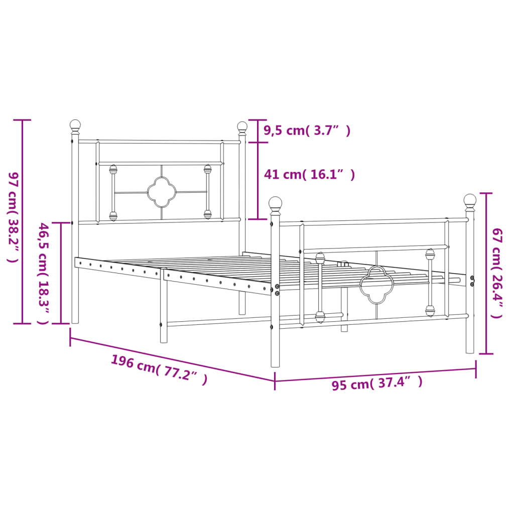 Metalni okvir kreveta uzglavlje i podnožje crni 90x190 cm