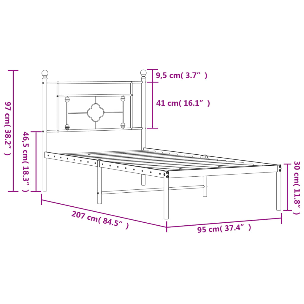 Metalni okvir za krevet s uzglavljem bijeli 90x200 cm