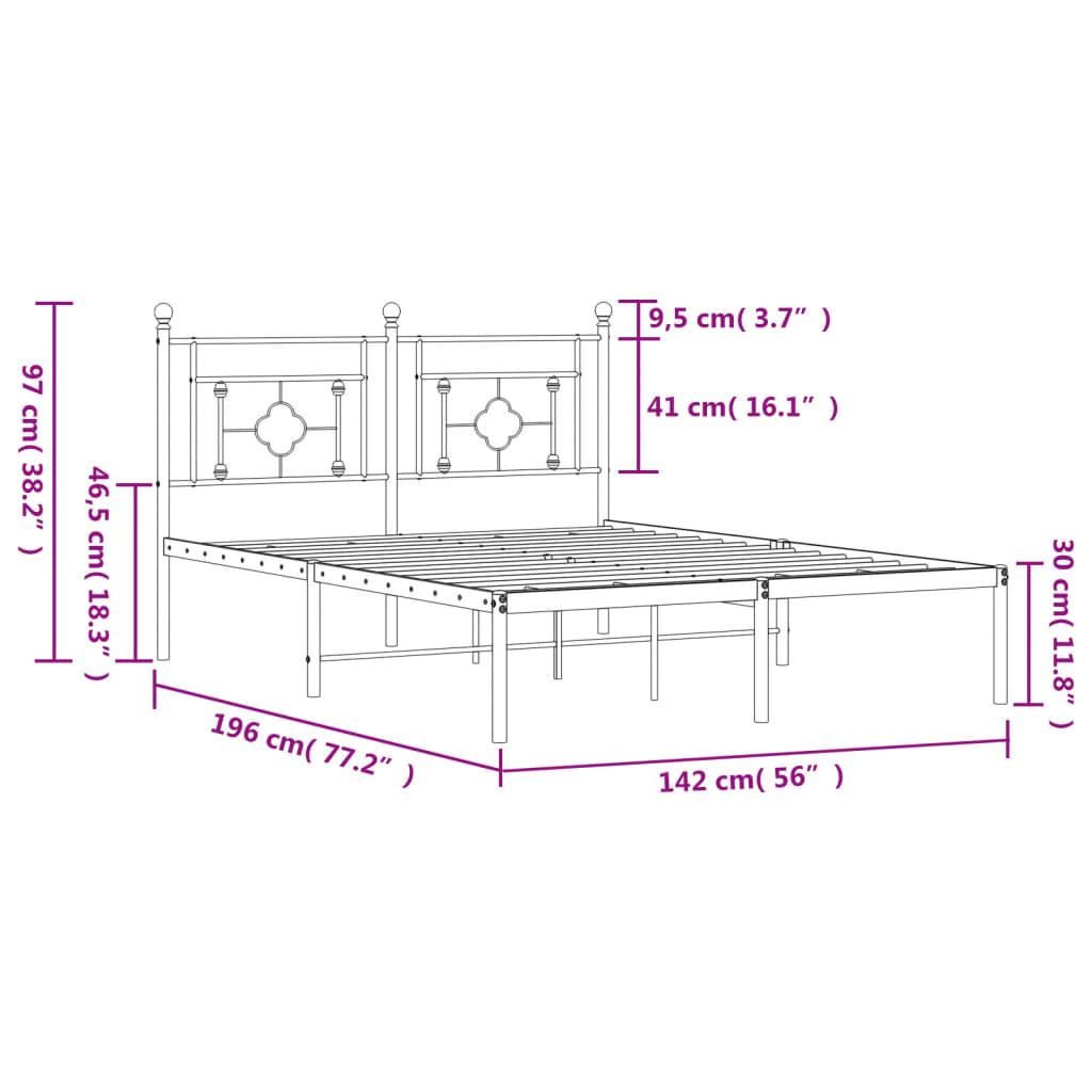 Metalni okvir za krevet s uzglavljem bijeli 135x190 cm