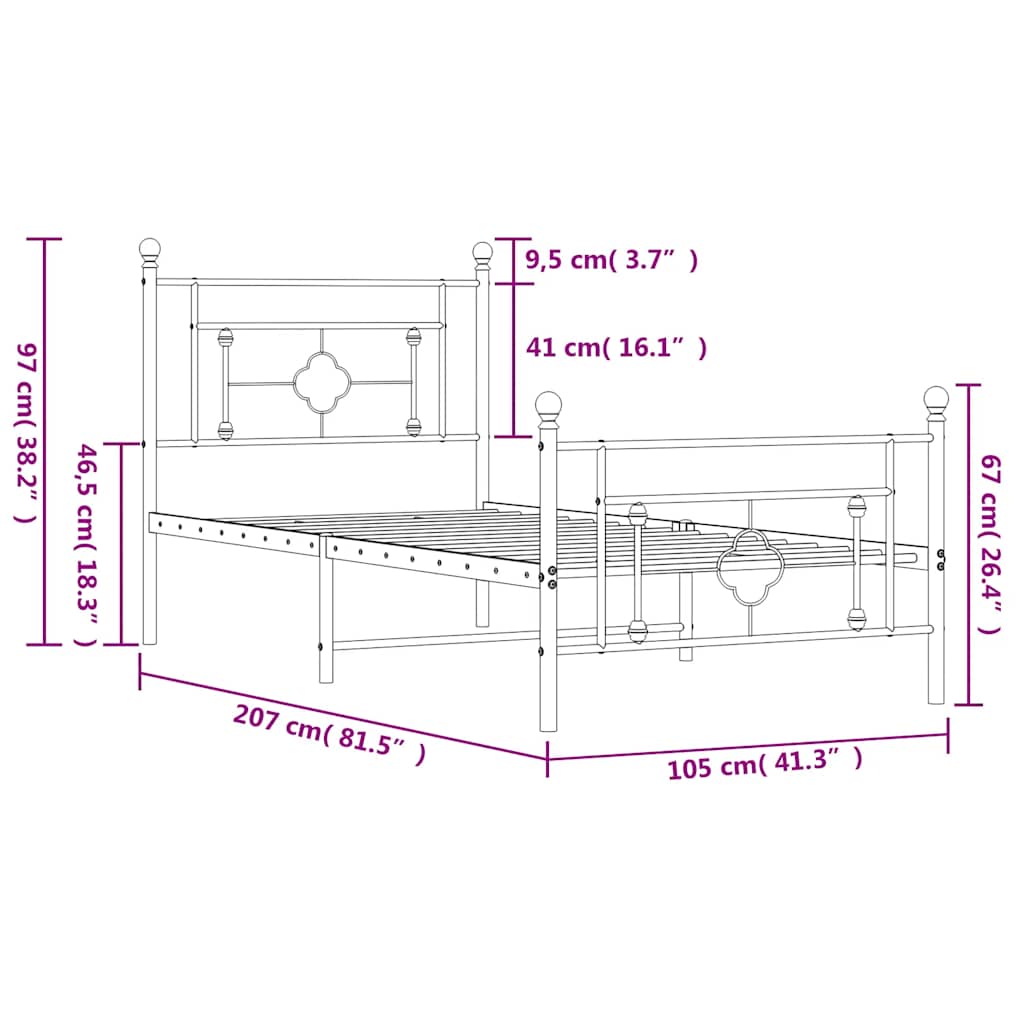 Metalni okvir kreveta uzglavlje i podnožje bijeli 100x200 cm