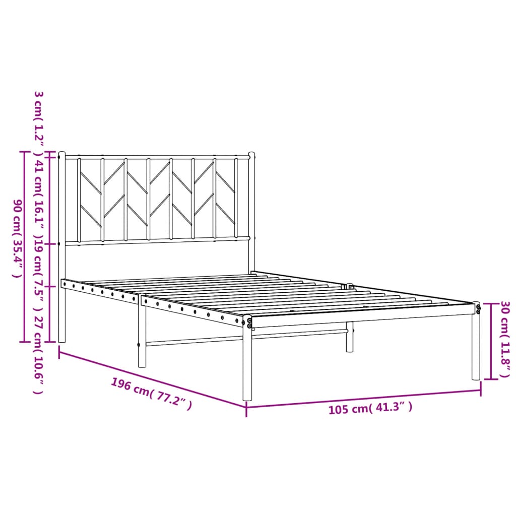 Metalni okvir za krevet s uzglavljem crni 100x190 cm