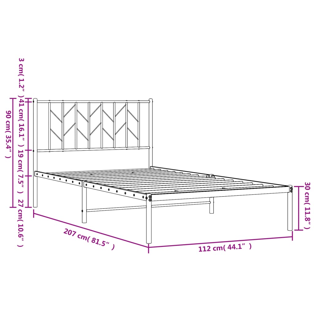 Metalni okvir za krevet s uzglavljem bijeli 107x203 cm