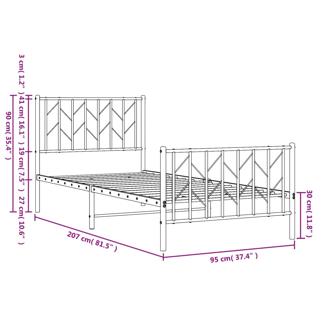 Metalni okvir kreveta s uzglavljem i podnožjem bijeli 90x200 cm