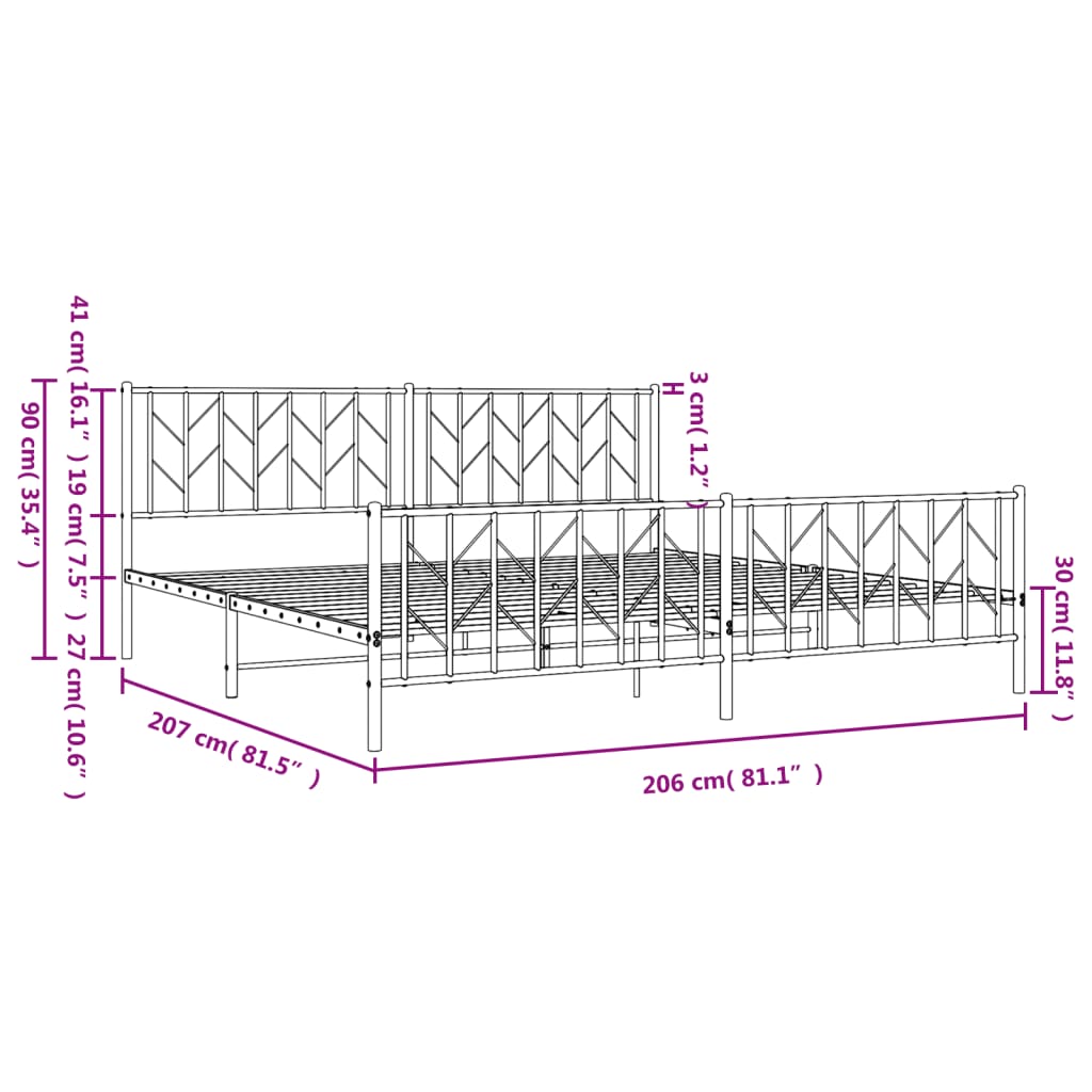Metalni okvir kreveta uzglavlje i podnožje bijeli 200 x 200 cm