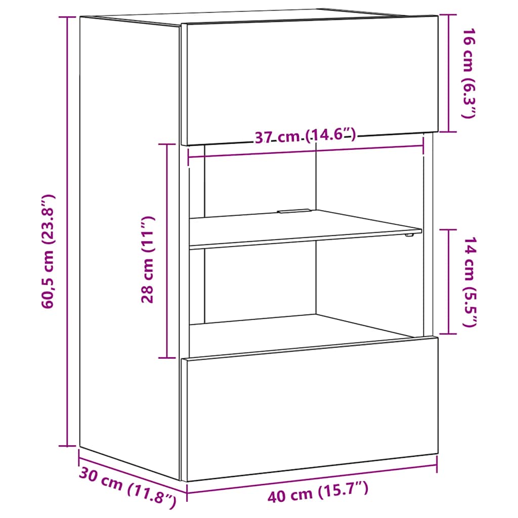 Zidni ormarići s LED svjetlima za TV 2 kom boja dimljenog hrasta 40x30x60,5 cm