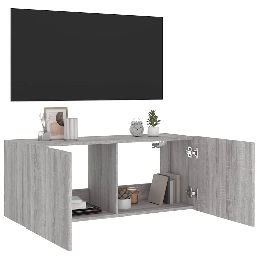 Zidni TV ormarić s LED svjetlima siva boja hrasta 100x35x41 cm