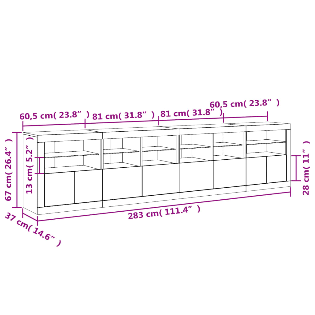 Komoda s LED svjetlima boja sivog hrasta 283x37x67 cm