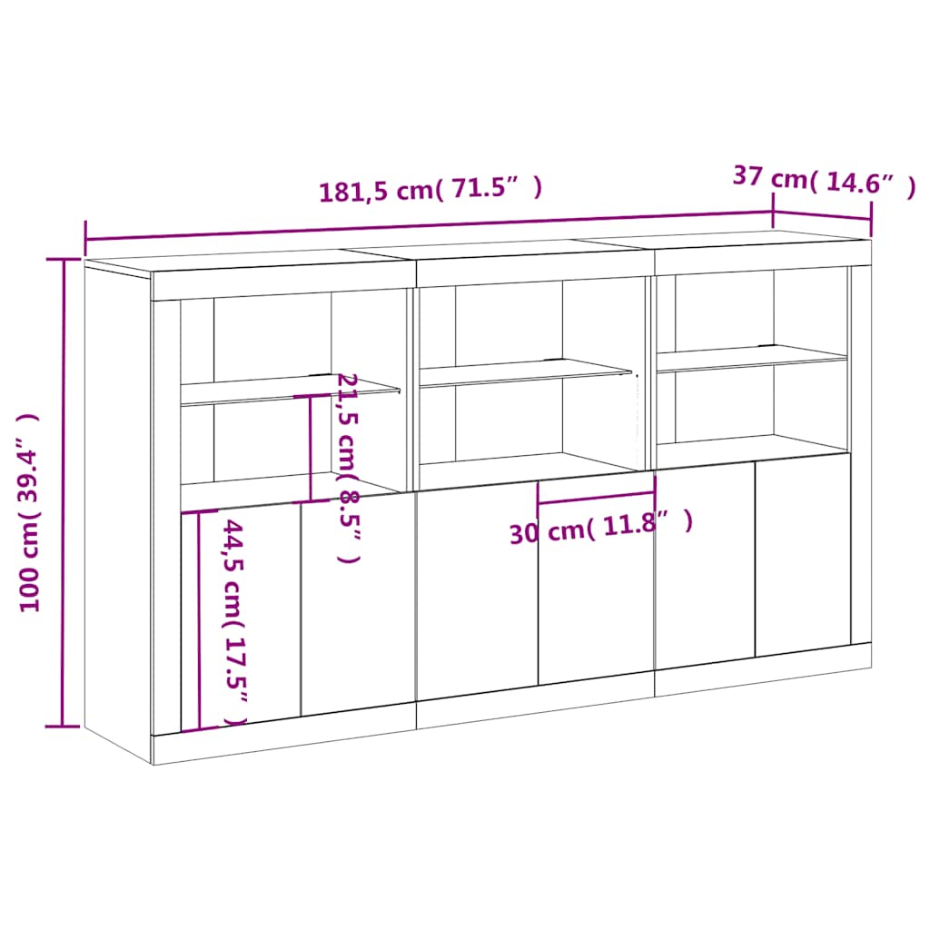 Komoda s LED svjetlima boja sivog hrasta 181,5x37x100 cm