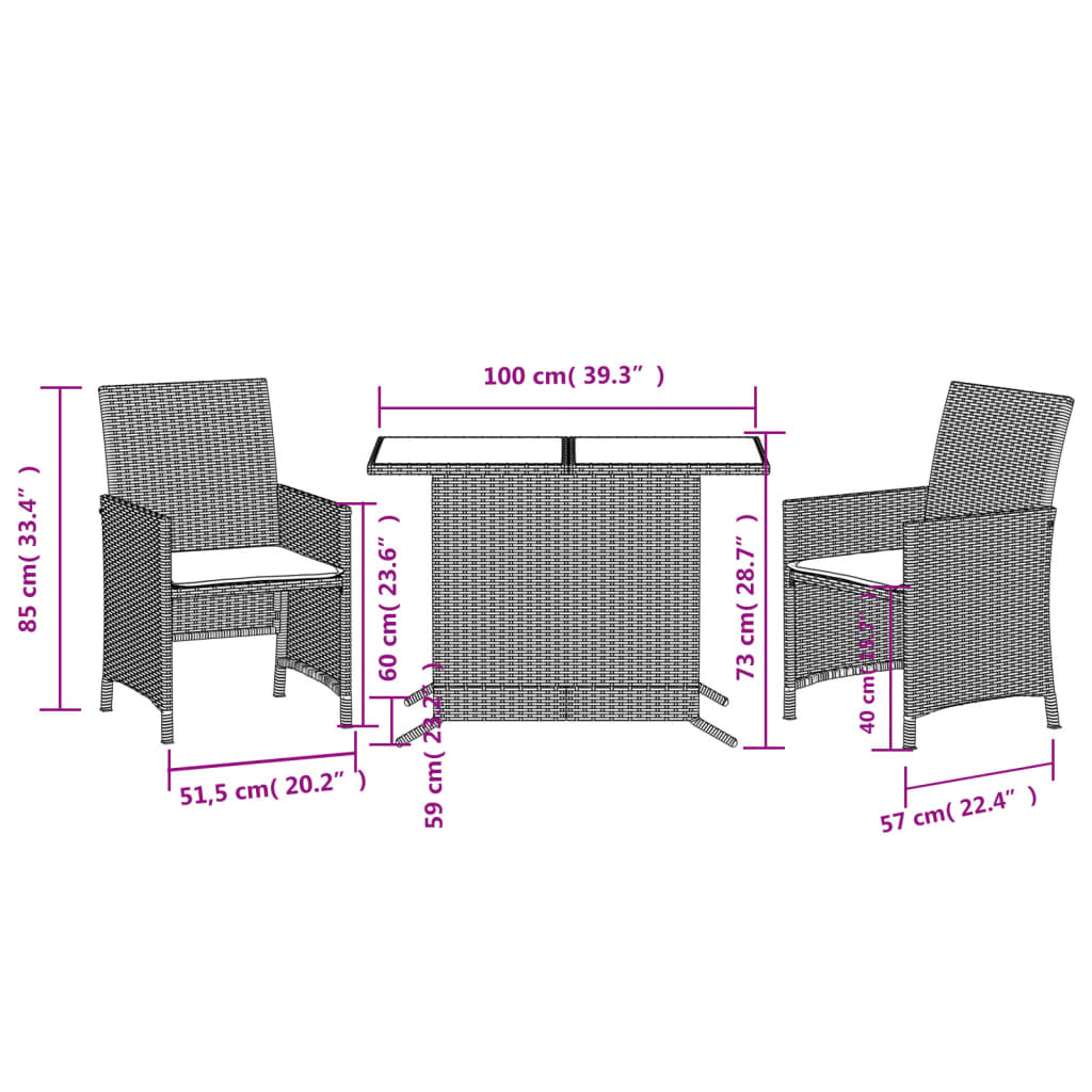 3-dijelni bistro set s jastucima crni od poliratana