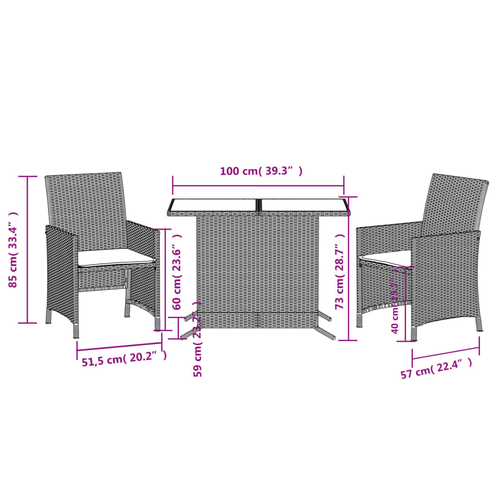 3-dijelni bistro set s jastucima crni od poliratana