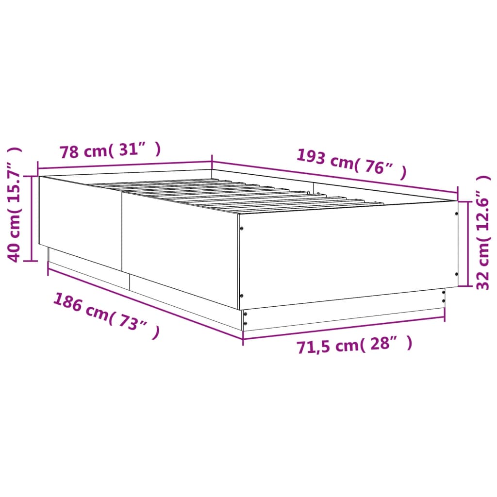 Okvir za krevet s LED svjetlima 75x190 cm od konstruiranog drva