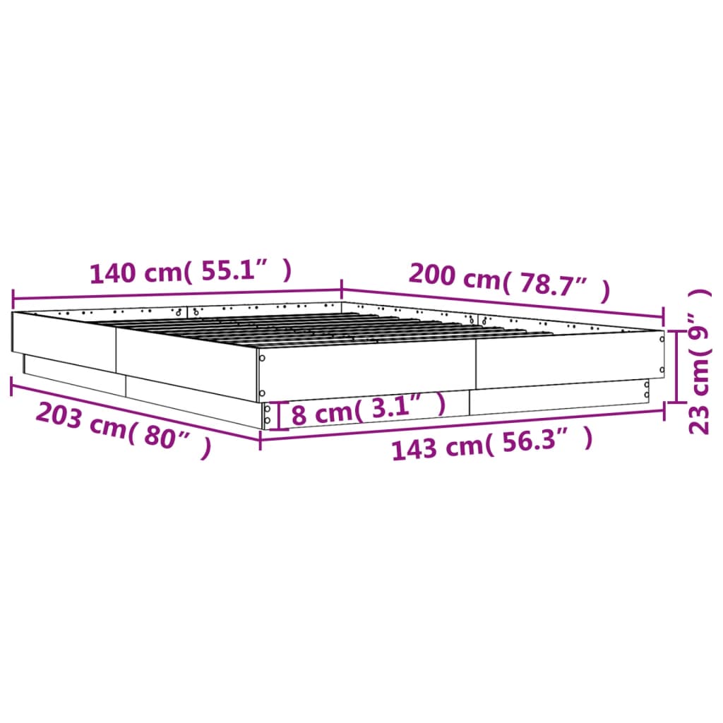 Okvir kreveta s LED svjetlima dimljena boja hrasta 140 x 200 cm