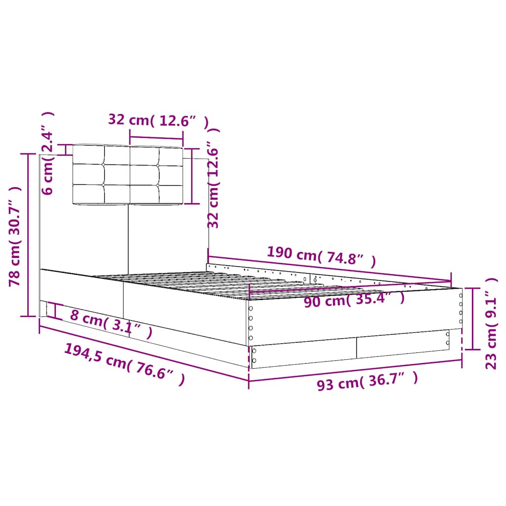 Okvir kreveta s uzglavljem crni 90x190 cm od konstruiranog drva