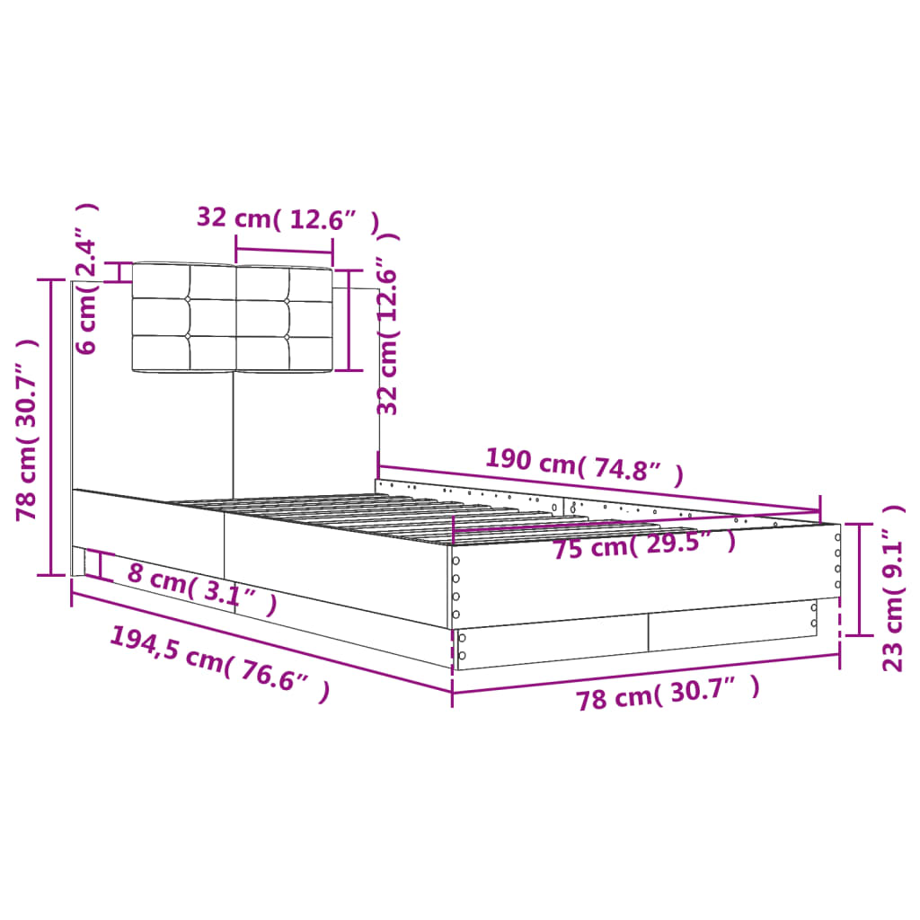 Okvir za krevet s uzglavljem boja sivog hrasta sonome 75x190 cm
