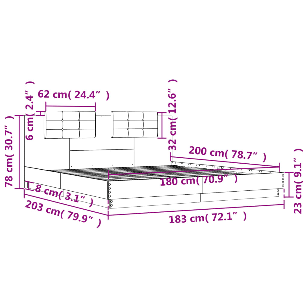 Okvir kreveta s uzglavljem LED boja dimljenog hrasta 180x200 cm