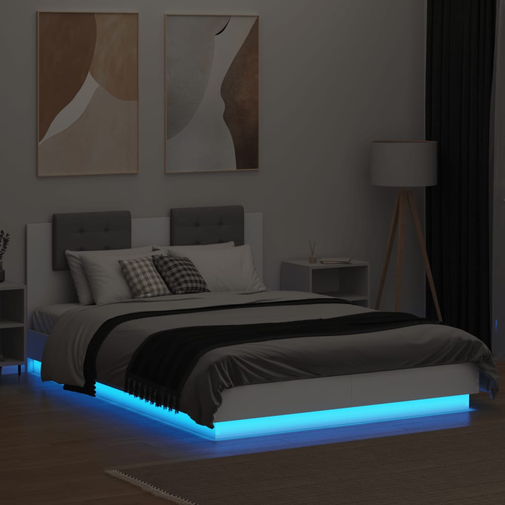Okvir kreveta s uzglavljem i LED svjetlima bijeli 150 x 200 cm