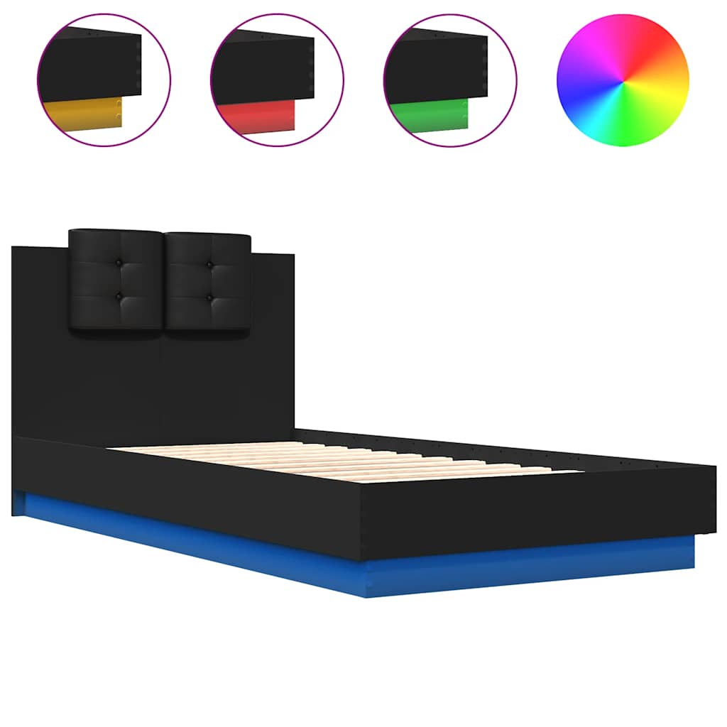 Okvir za krevet s uzglavljem i LED svjetlima crni 75x190 cm