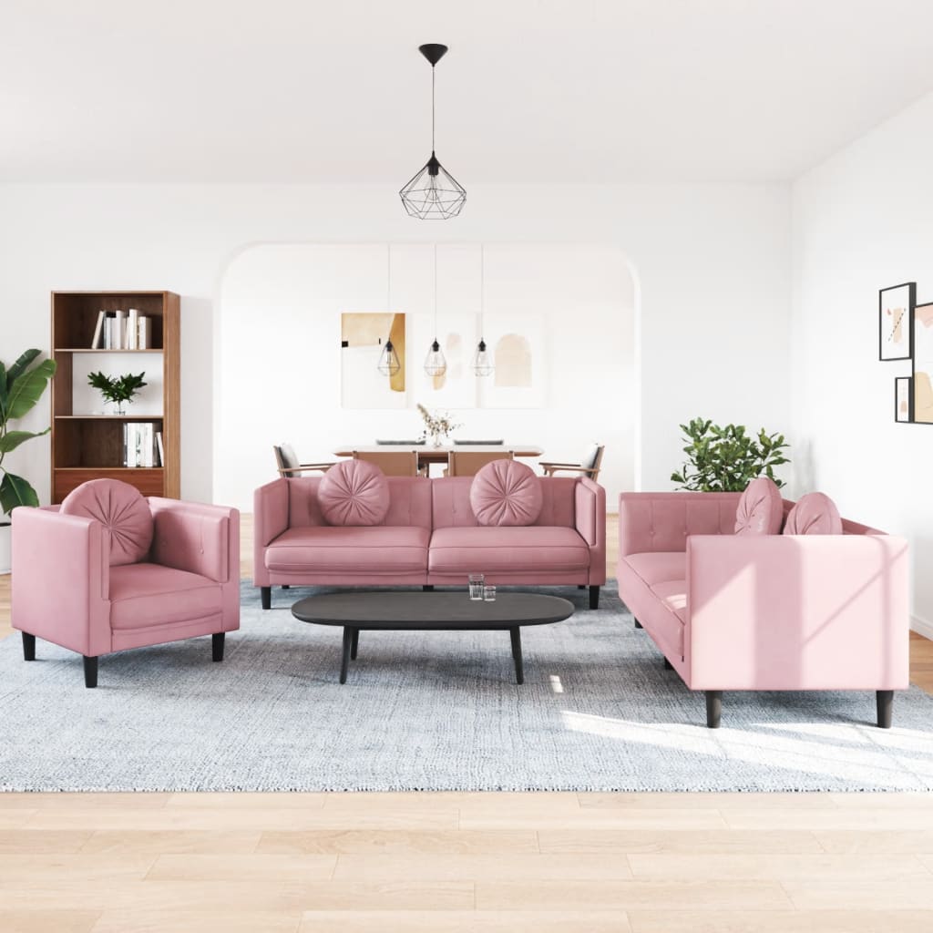 3-dijelni set sofa s jastucima ružičasti baršunasti