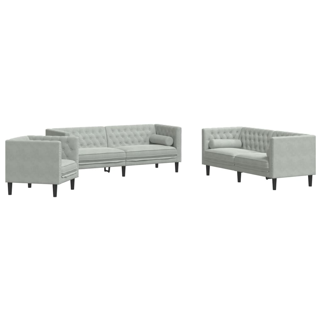 3-dijelni set sofa Chesterfield svjetlosivi baršunasti