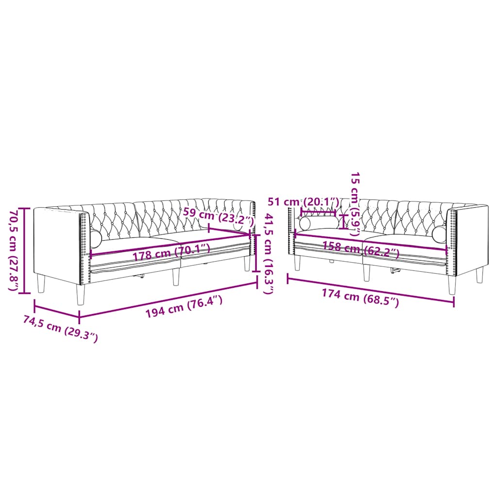 2-dijelni set sofa Chesterfield tamnozeleni baršunasti