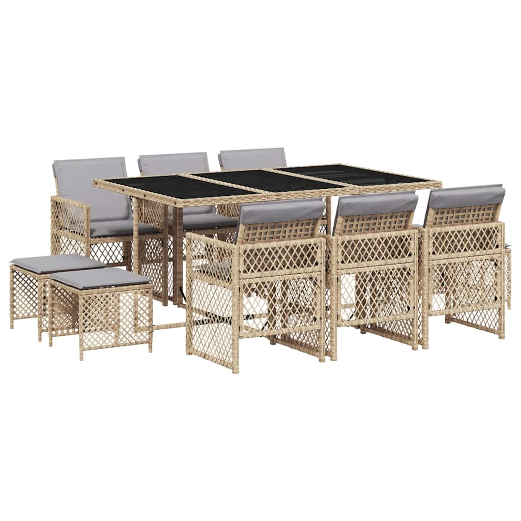 11-dijelni vrtni blagovaonski set od poliratana s jastucima bež