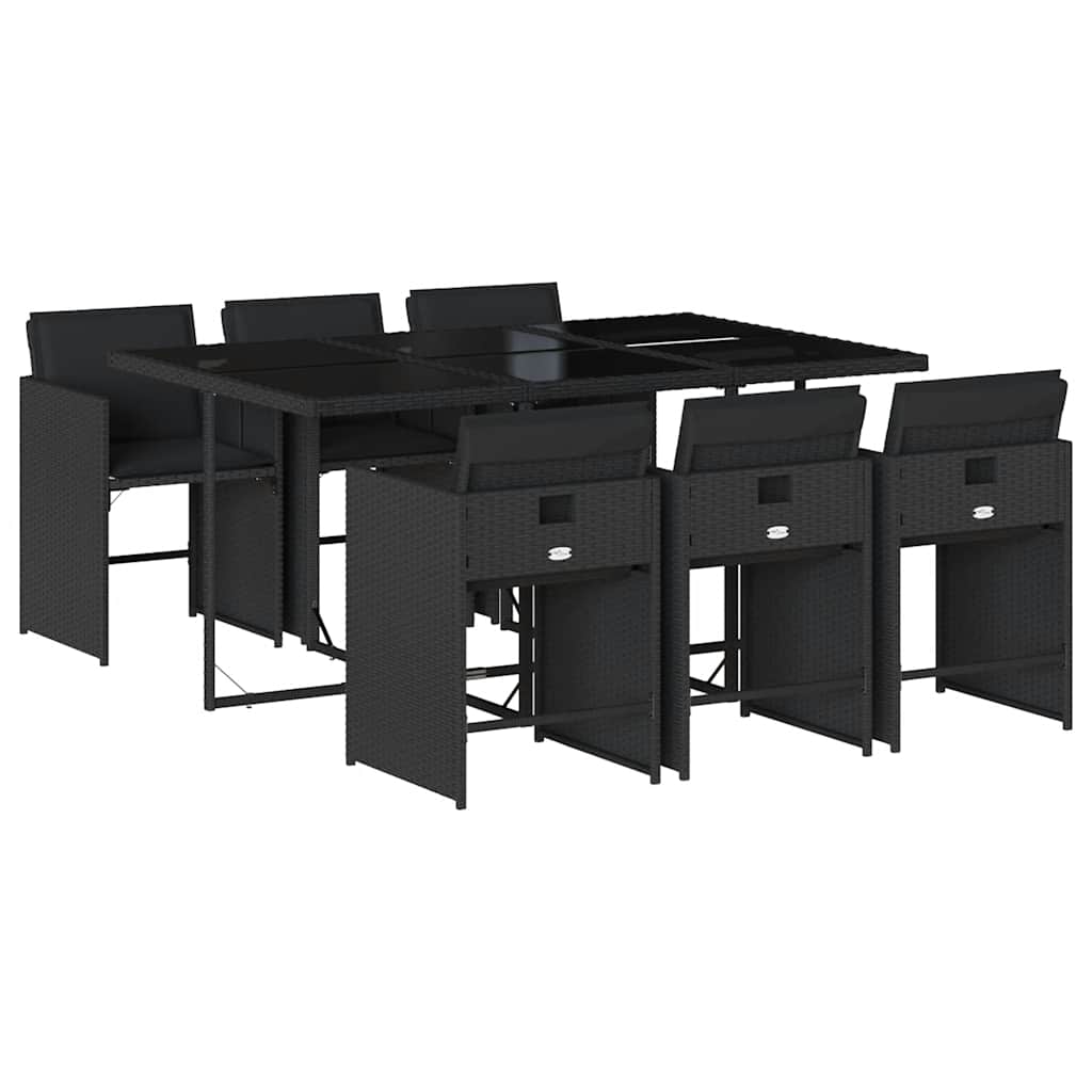 7-dijelni vrtni blagovaonski set s jastucima crni od poliratana Crna Dužina stola 190 cm