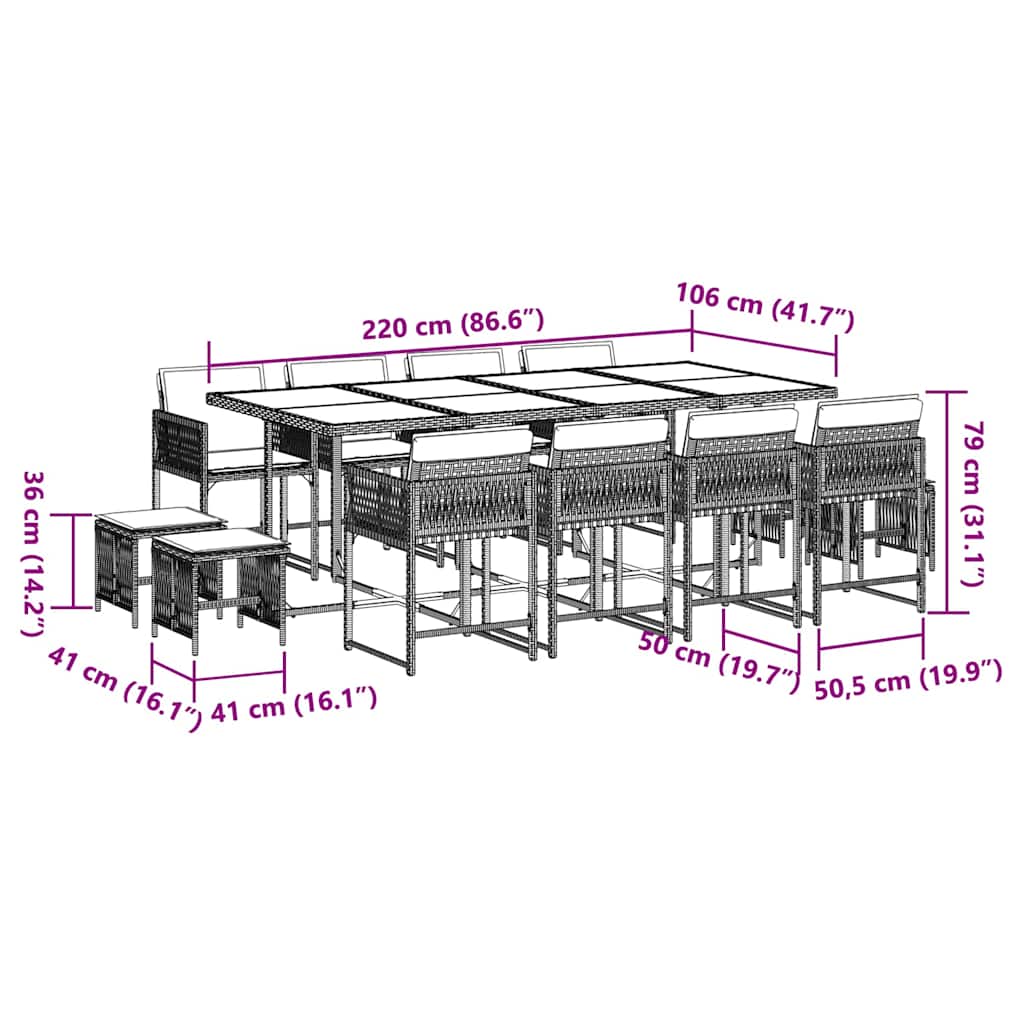 13-dijelni vrtni blagovaonski set s jastucima poliratan smeđi