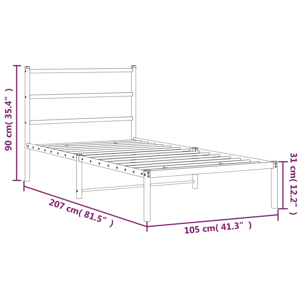 Metalni okvir za krevet s uzglavljem crni 100x200 cm