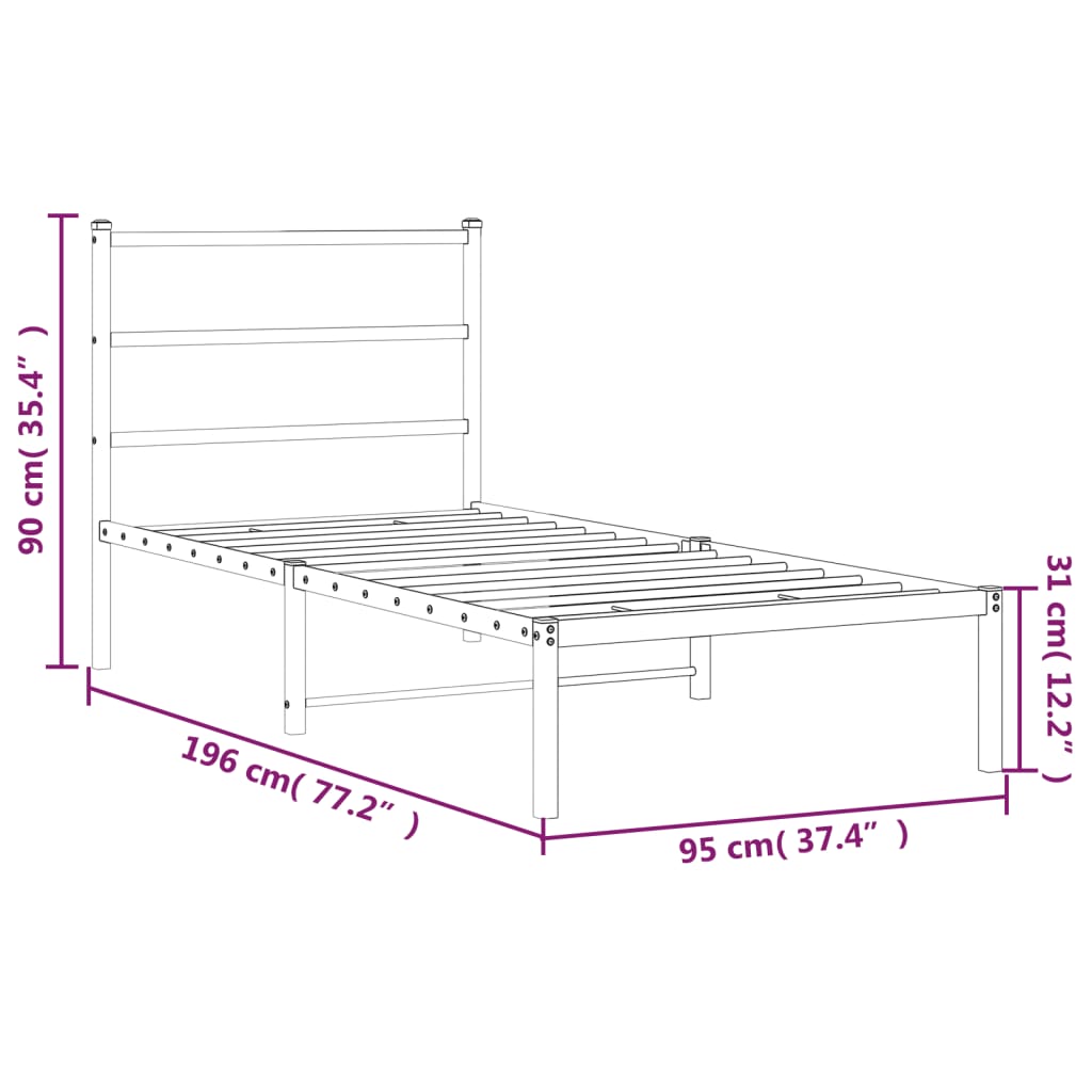 Metalni okvir za krevet s uzglavljem bijeli 90 x 190 cm