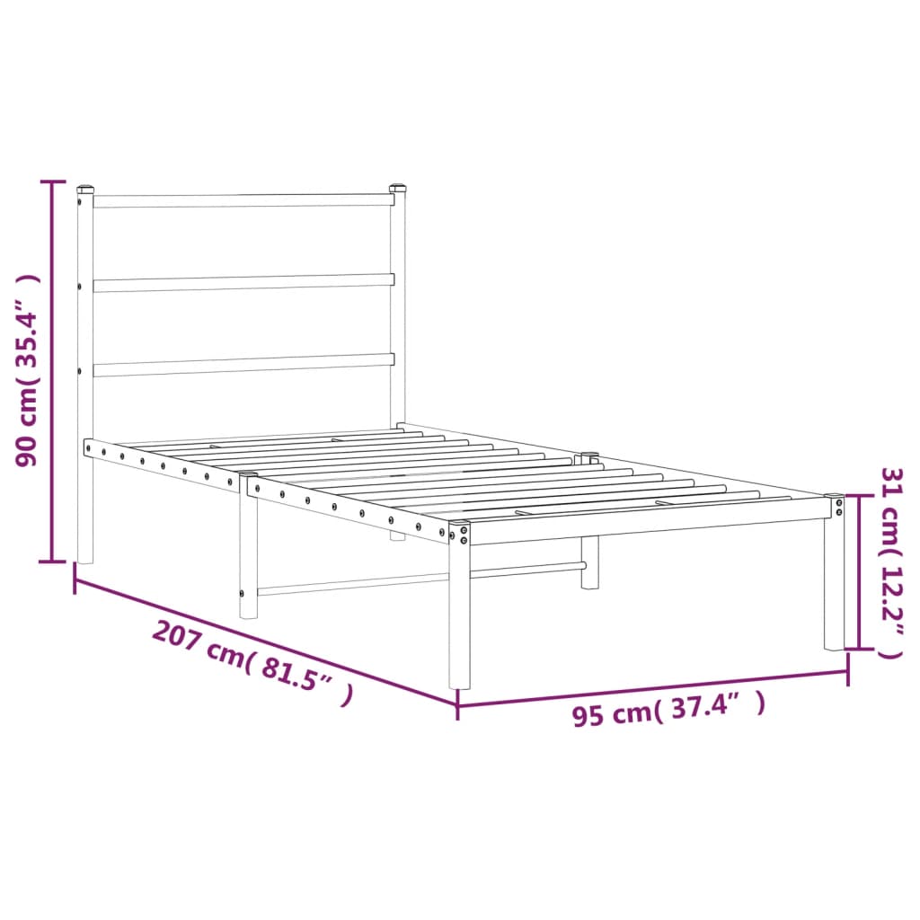 Metalni okvir za krevet s uzglavljem bijeli 90x200 cm