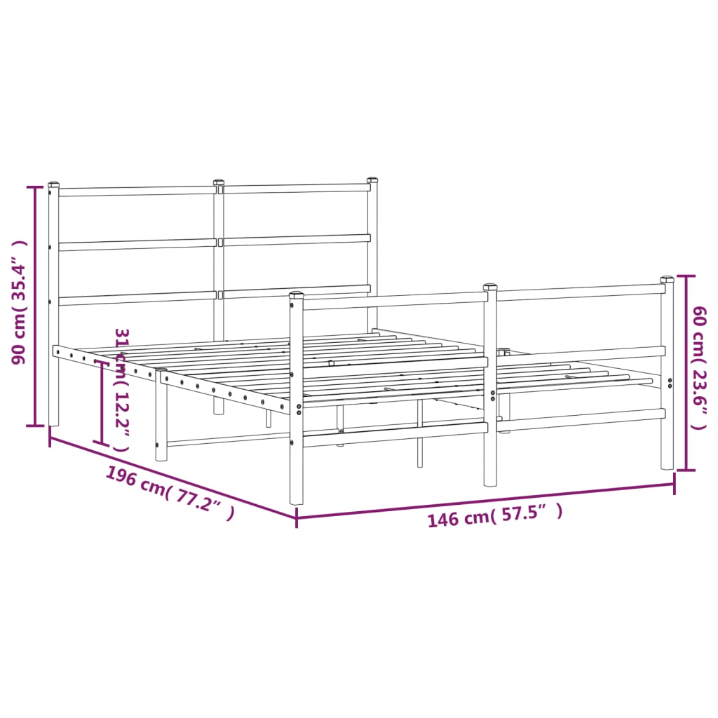 Metalni okvir kreveta uzglavlje i podnožje bijeli 140 x 190 cm