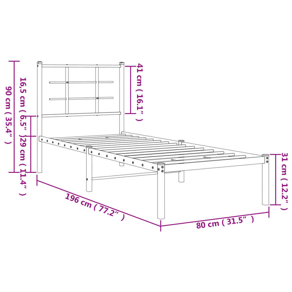 Metalni okvir za krevet s uzglavljem crni 75x190 cm