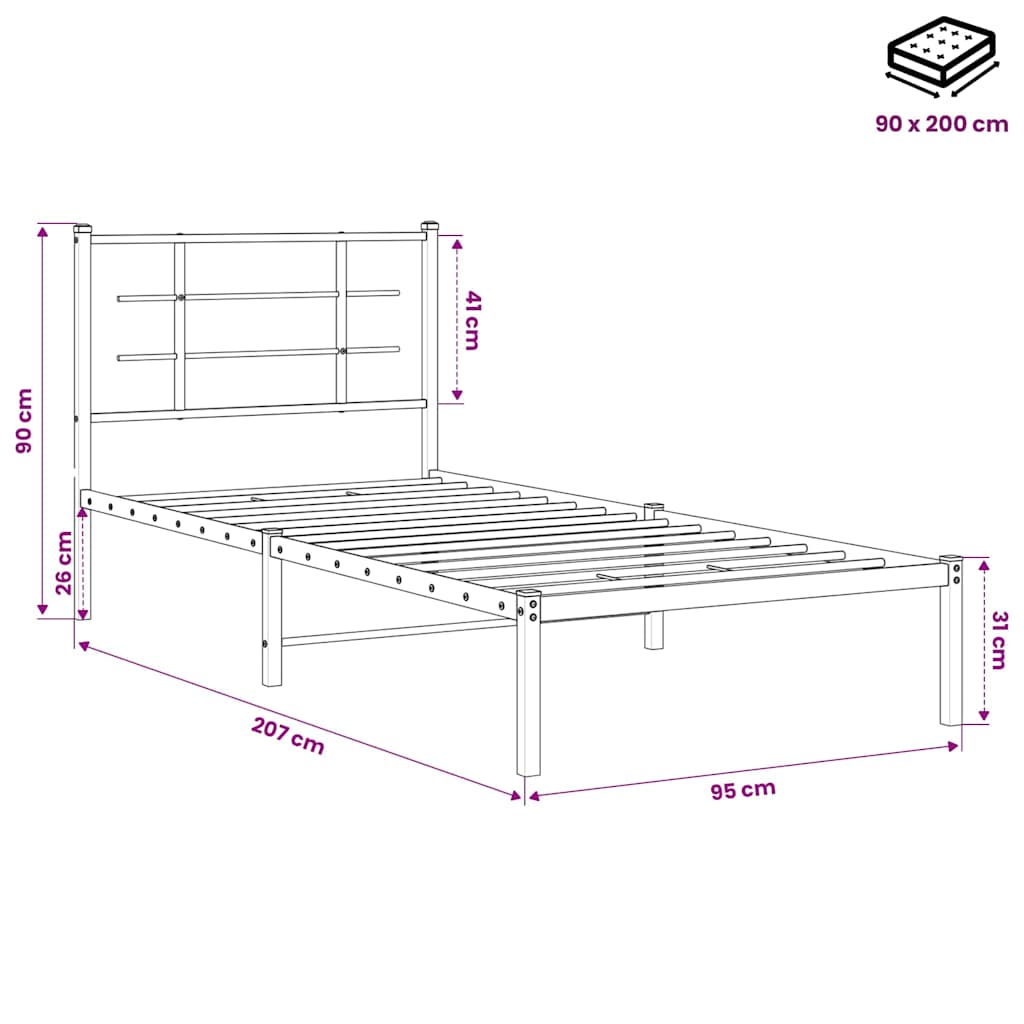 Metalni okvir za krevet s uzglavljem crni 90x200 cm