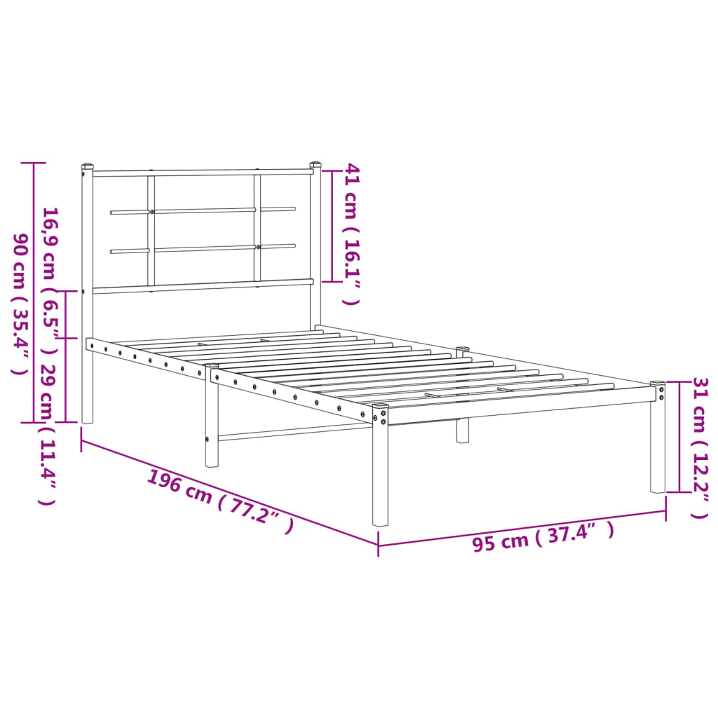 Metalni okvir za krevet s uzglavljem bijeli 90 x 190 cm