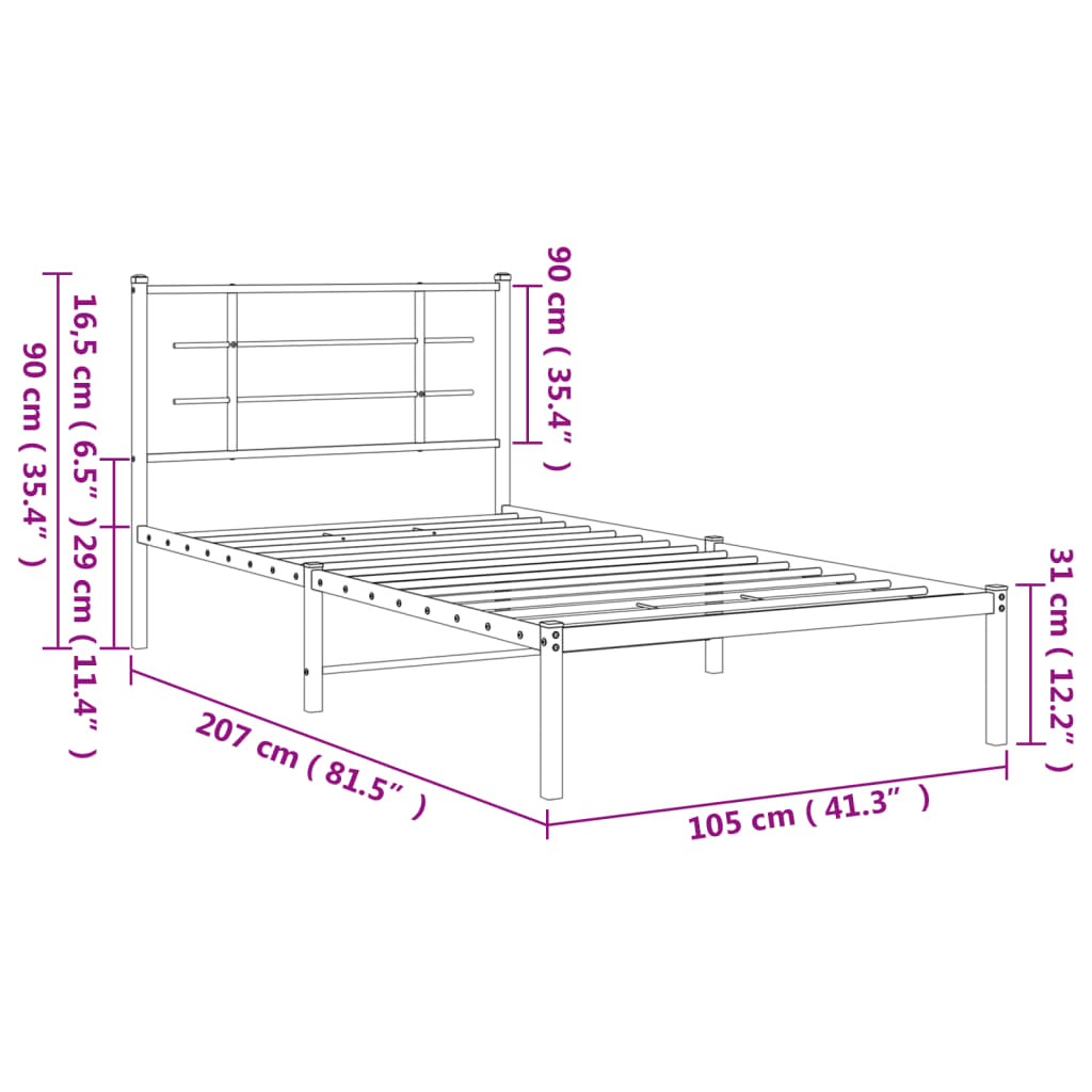 Metalni okvir za krevet s uzglavljem bijeli 100x200 cm