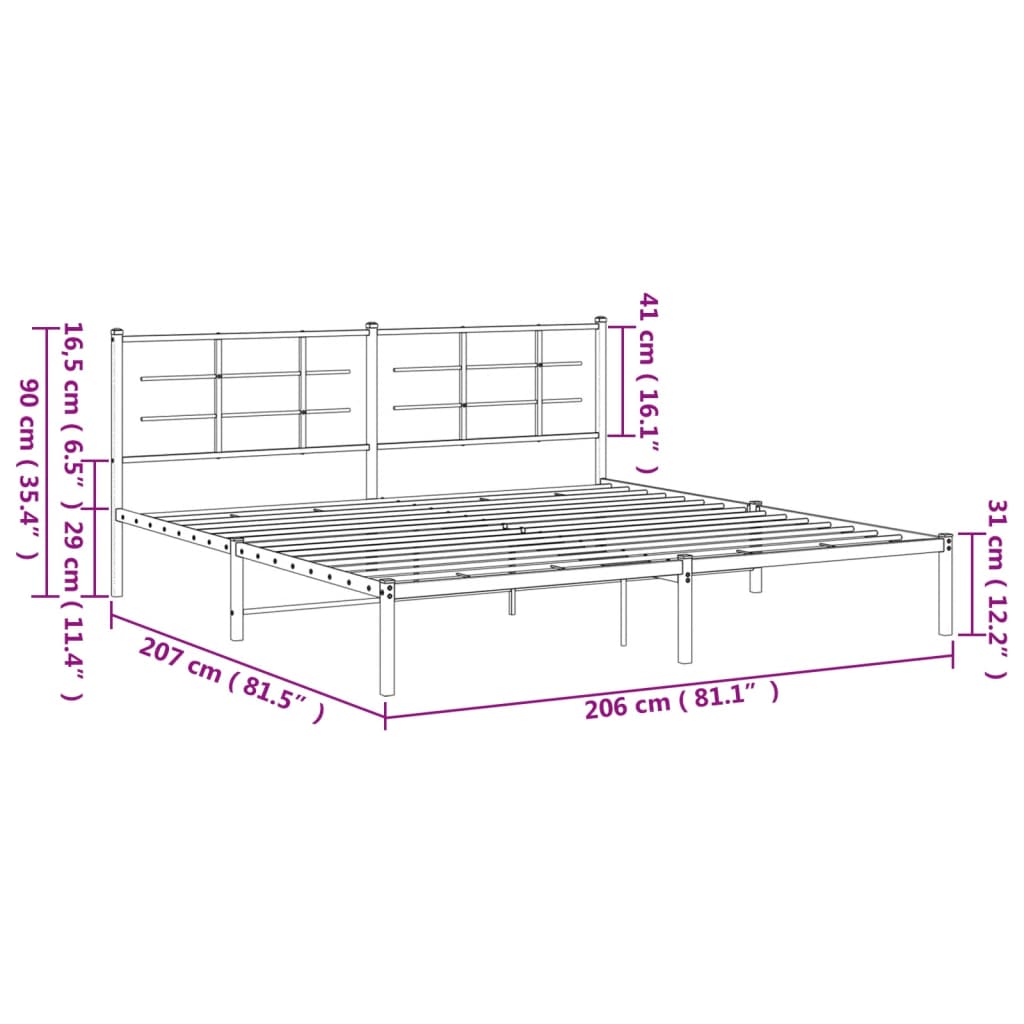 Metalni okvir za krevet s uzglavljem bijeli 200x200 cm