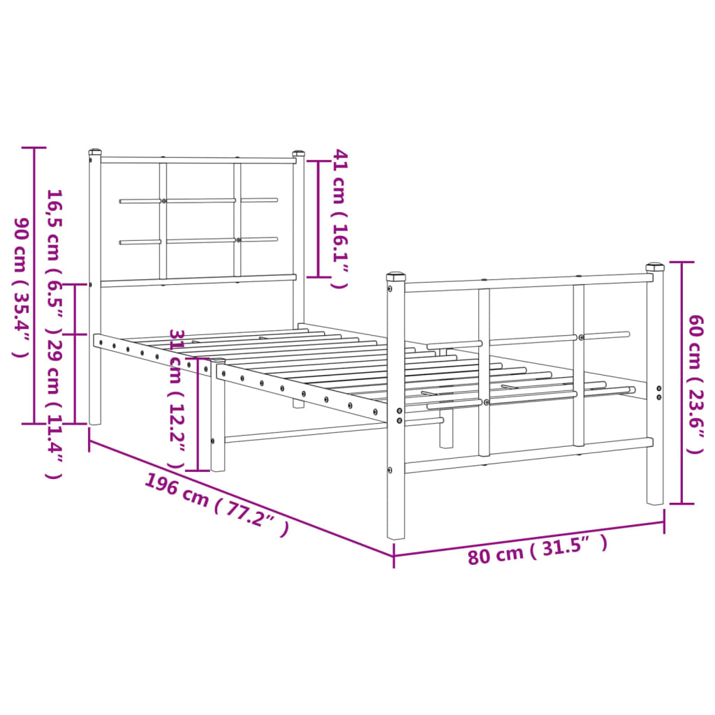 Metalni okvir kreveta uzglavlje i podnožje bijeli 75x190 cm