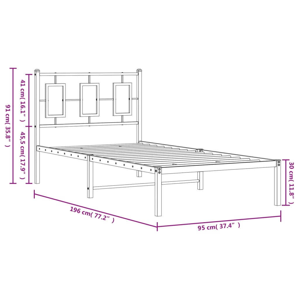 Metalni okvir za krevet s uzglavljem crni 90x190 cm
