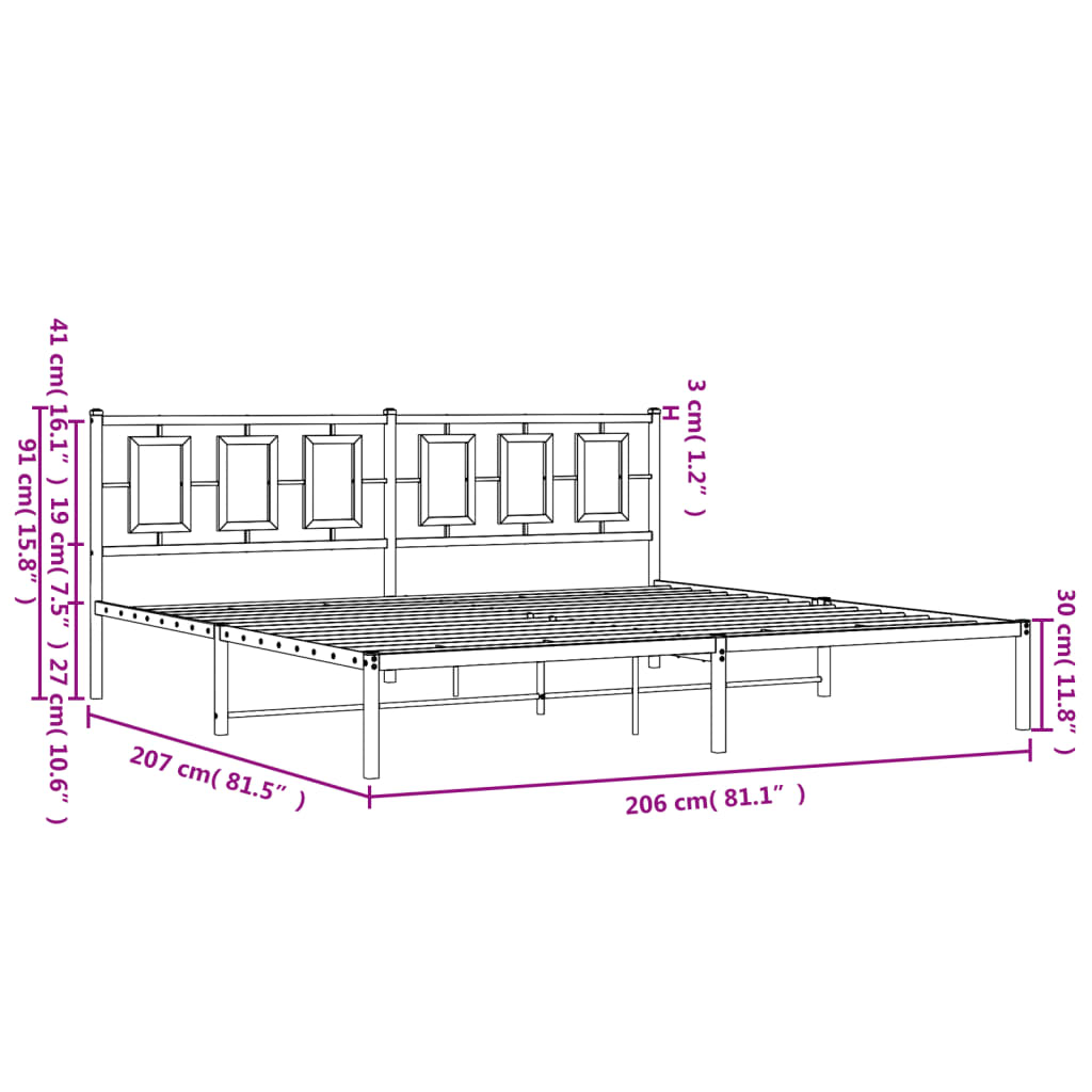 Metalni okvir za krevet s uzglavljem crni 200x200 cm