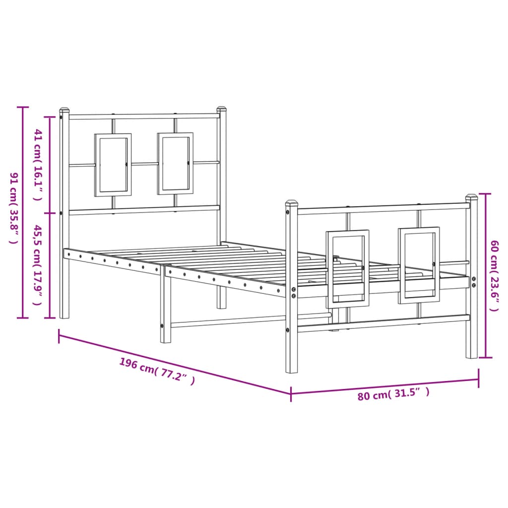 Metalni okvir kreveta uzglavlje i podnožje crni 75x190 cm