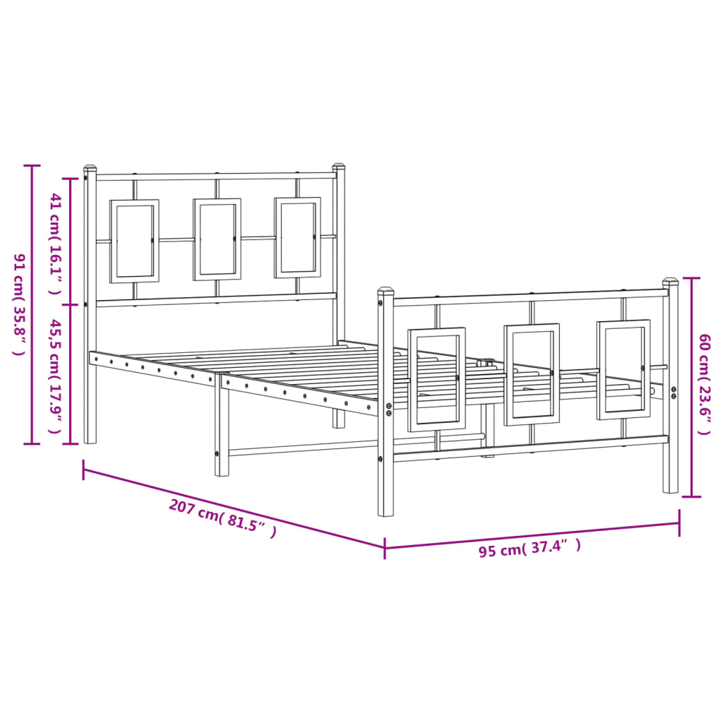 Metalni okvir kreveta uzglavlje i podnožje bijeli 90 x 200 cm