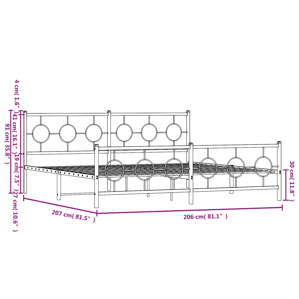 Metalni okvir kreveta uzglavlje i podnožje bijeli 200x200 cm