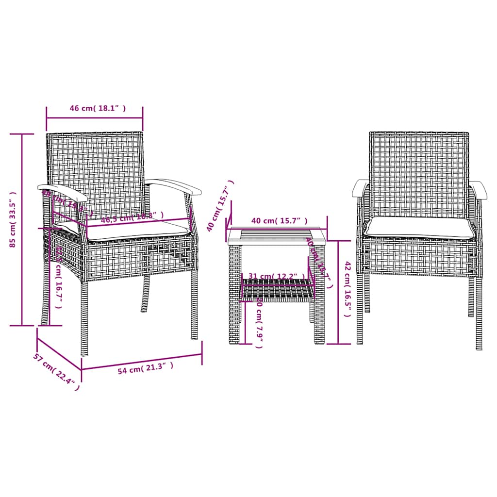 3-dijelni bistro set s jastucima poliratan i drvo bagrema crni