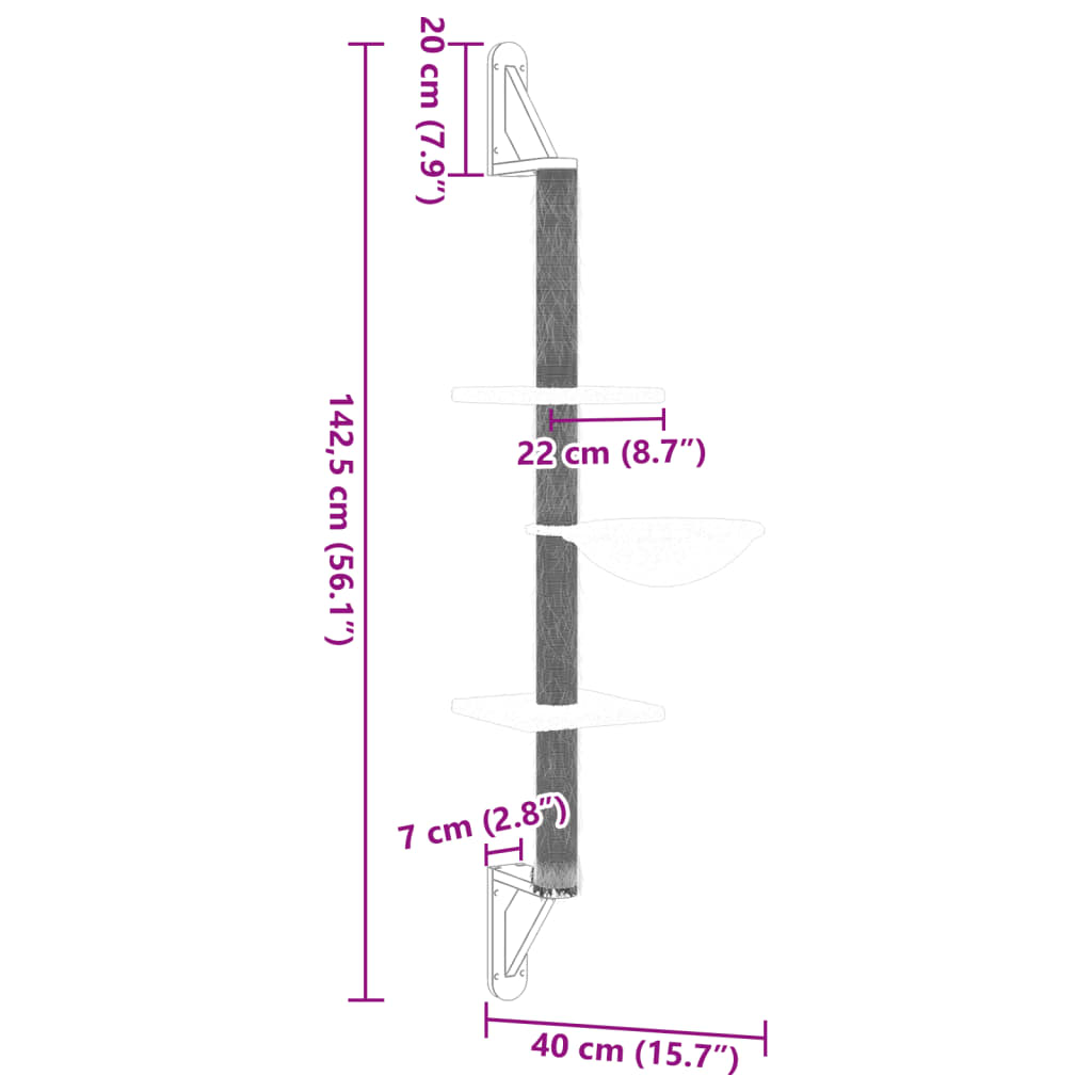 Zidna penjalica za mačke sa stupom za grebanje krem 142,5 cm